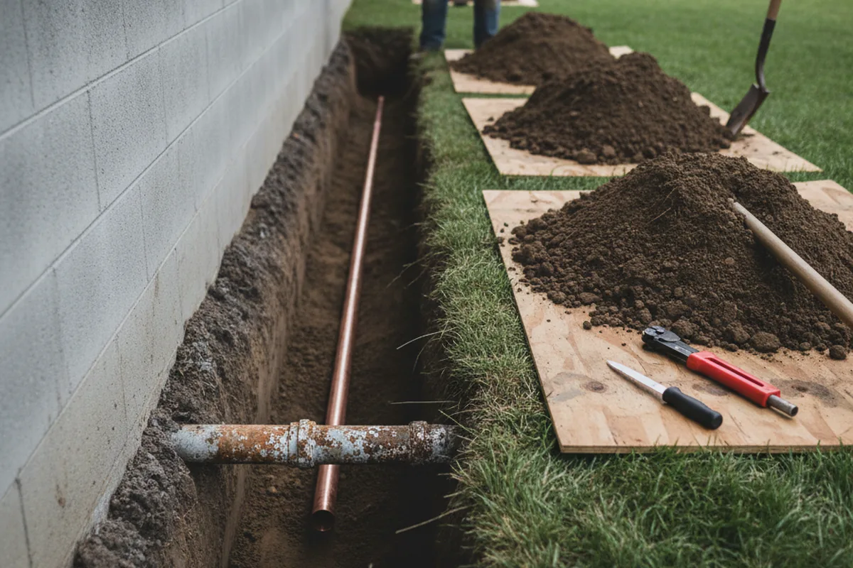 Excavated water line trench during Sewer Line Repair in Palo Pinto
